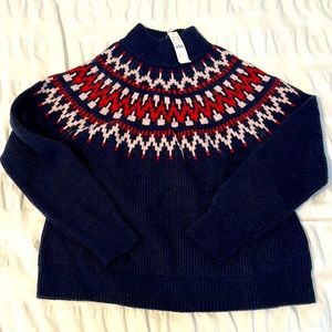 J. Crew Fair Isle Mockneck Wool Blend Sweater NWT small navy red